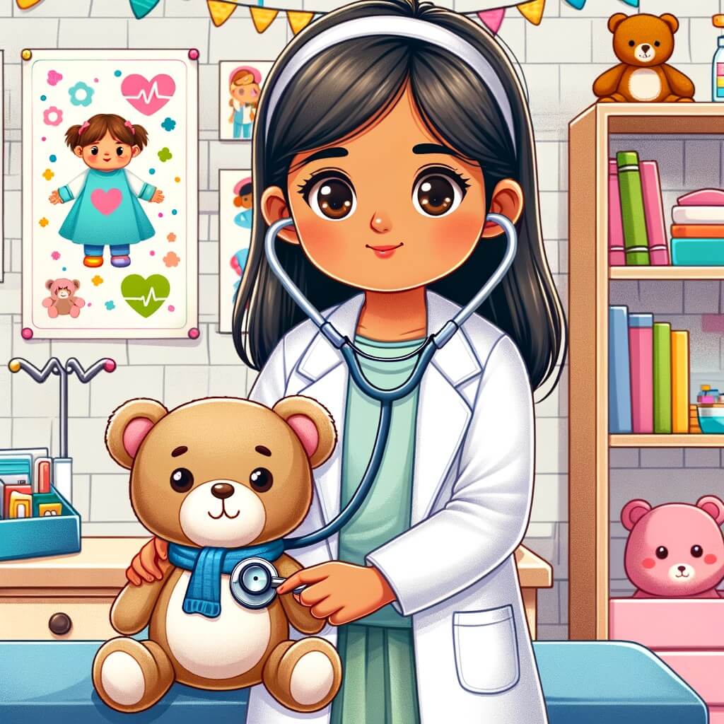 Une illustration destinée aux enfants représentant un jeune médecin, vêtu d'une blouse blanche et portant un stéthoscope autour du cou, qui examine avec attention un adorable ourson en peluche dans une charmante petite clinique aux murs couverts de dessins colorés et de posters sur la santé, remplie de jouets et de livres pour enfants.