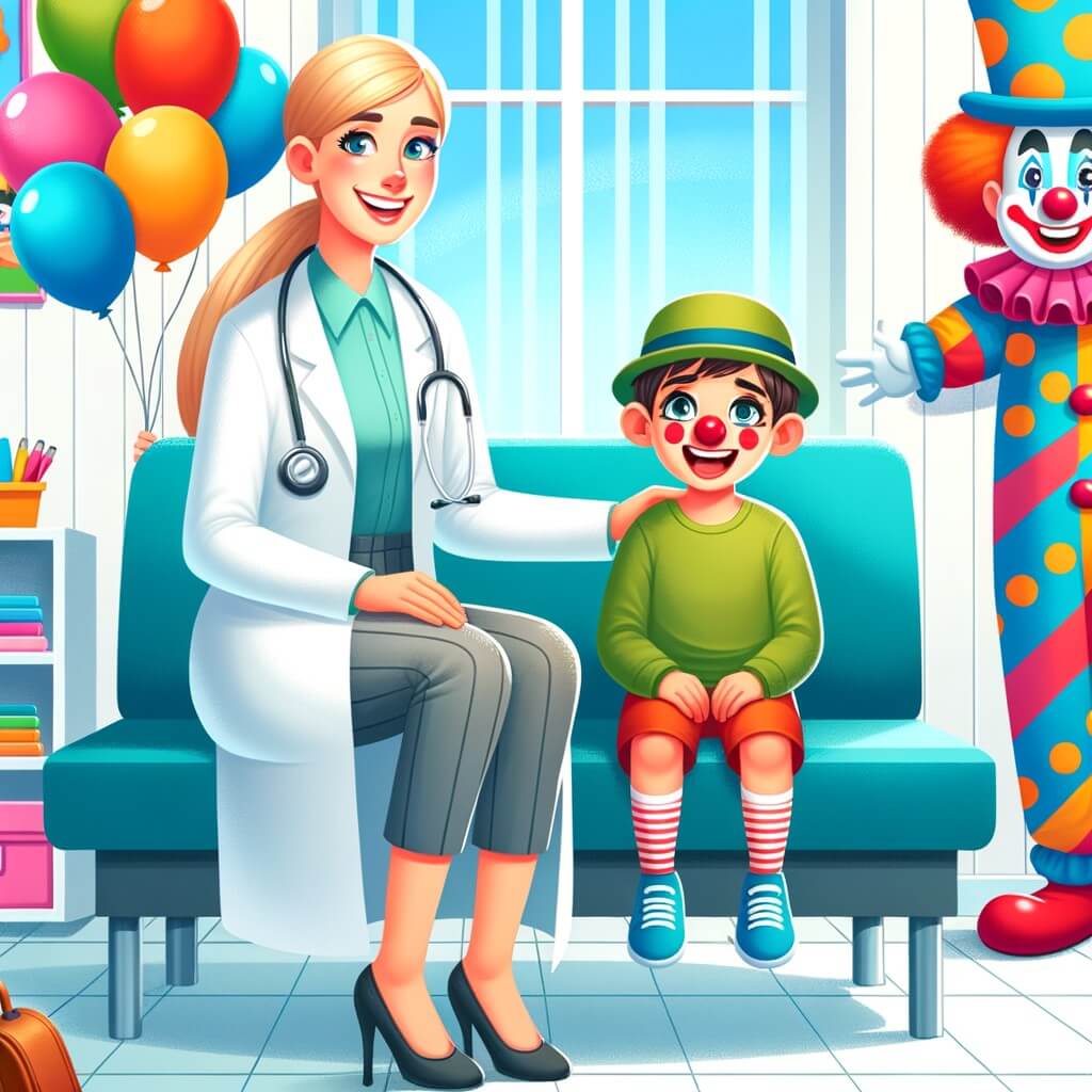 Une illustration destinée aux enfants représentant une femme médecin souriante, accompagnée d'un petit garçon malade, dans une salle d'attente colorée et animée d'une clinique médicale avec des ballons et un clown.