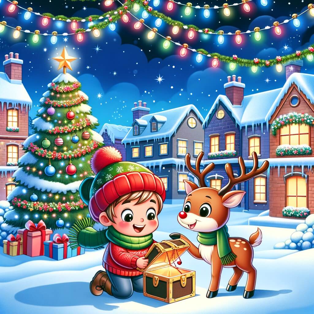 Une illustration destinée aux enfants représentant un joyeux petit enfant, vêtu d'un bonnet rouge et d'une écharpe verte, découvrant un mystérieux trésor de Noël avec l'aide d'un adorable renne, dans un village enneigé orné de guirlandes scintillantes, où les maisons sont décorées de lumières colorées et où un grand sapin de Noël trône fièrement au centre de la place.