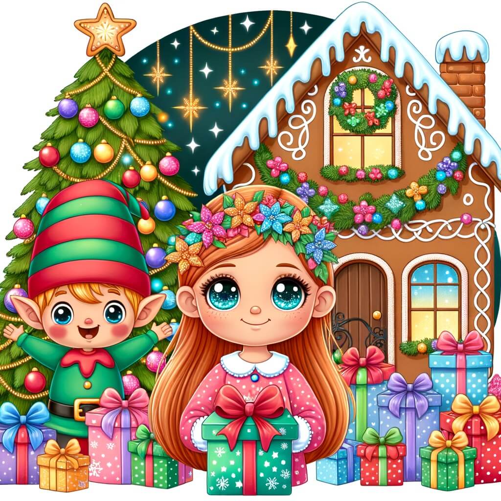 Une illustration destinée aux enfants représentant une petite fille aux yeux pétillants, entourée de cadeaux colorés, accompagnée d'un lutin joyeux, dans une maison en pain d'épice décorée de guirlandes scintillantes et d'un sapin majestueux.