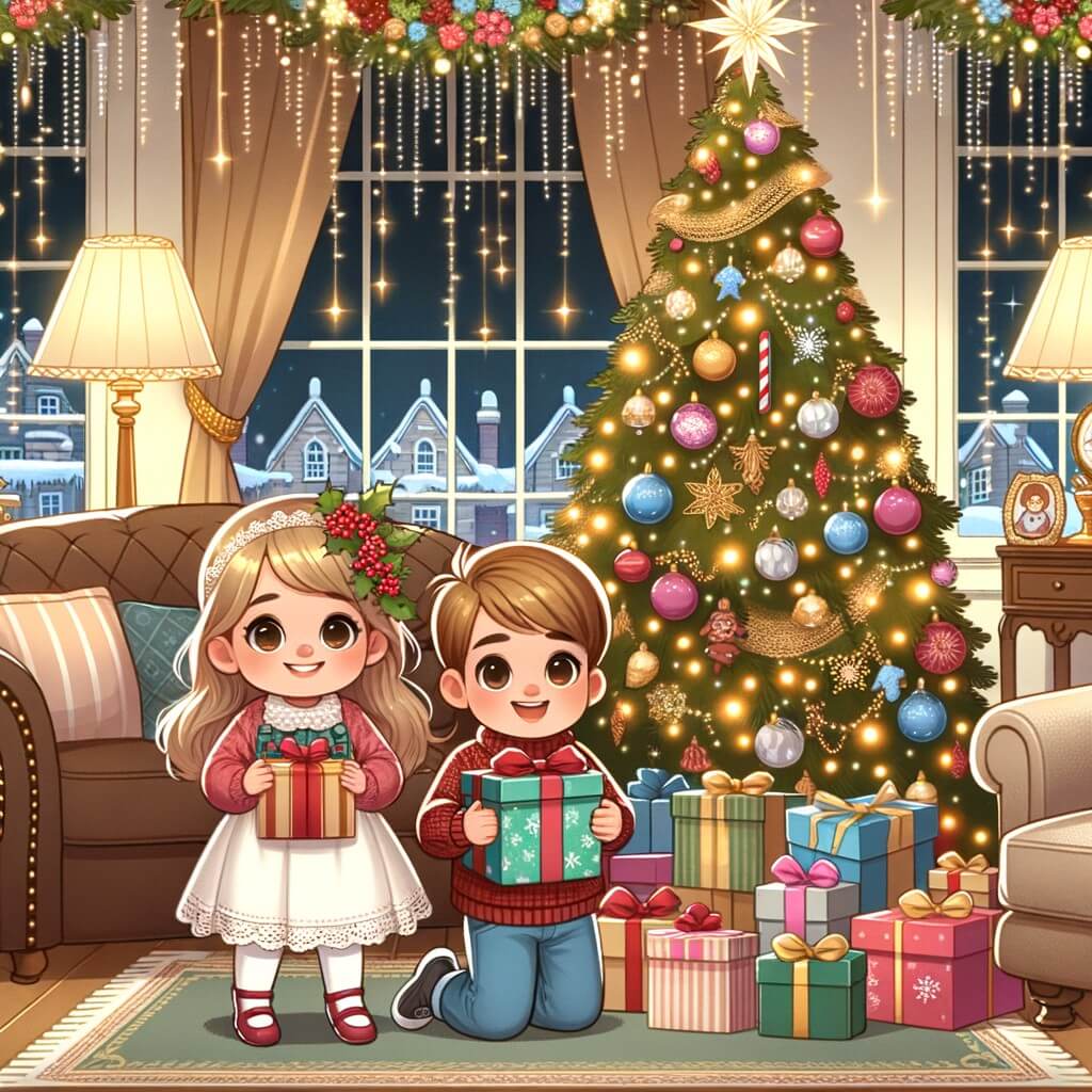 Une illustration destinée aux enfants représentant une niña pequeña entourée de cadeaux de Noël, accompagnée de son hermanito, dans le salon de leur maison décorée de guirlandes lumineuses et d'un sapin majestueusement orné.