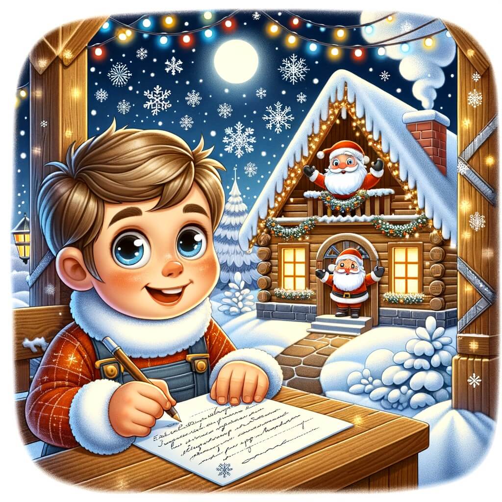 Une illustration destinée aux enfants représentant un niño pequeño, les yeux brillants d'excitation, écrivant une lettre à Papá Noel, entouré de flocons de neige scintillants dans un chalet en bois avec une cheminée fumante, situé au cœur d'un village enneigé, où les lumières de Noël brillent joyeusement dans les rues.