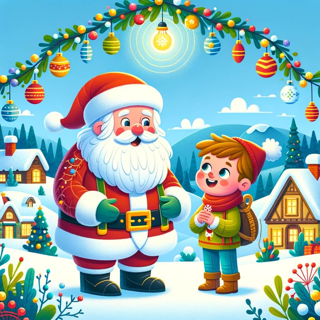 Une illustration destinée aux enfants représentant un petit garçon plein d'enthousiasme, entouré de décorations lumineuses, rencontrant le légendaire Père Noël dans un pittoresque village enneigé.