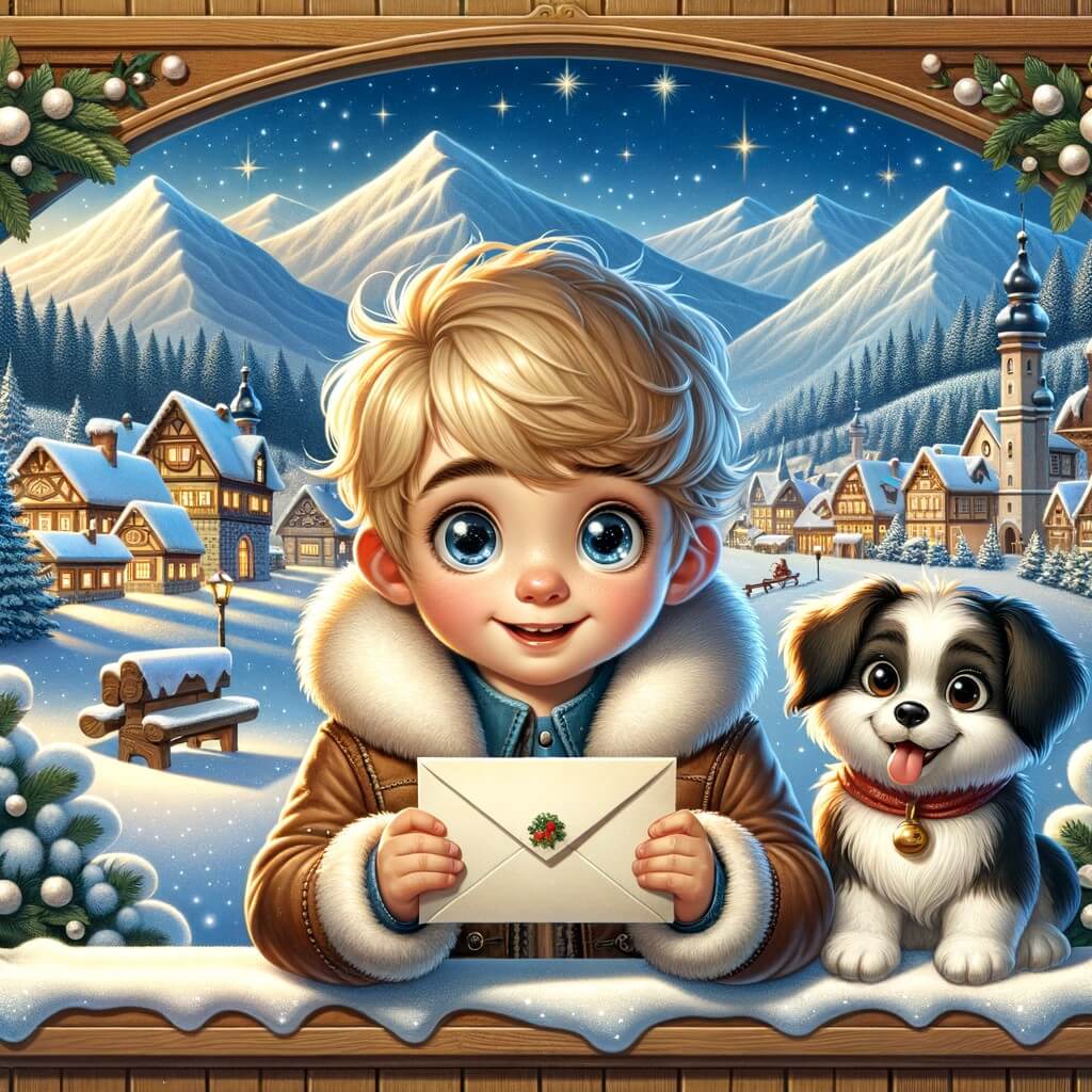 Une illustration destinée aux enfants représentant un petit garçon, le regard étincelant d'excitation, tenant une lettre dans les mains, accompagné de son meilleur ami, un adorable chien à la queue frétillante, surplombant un village enneigé, entouré de majestueuses montagnes couvertes de neige scintillante, créant une ambiance féerique pour cette histoire de Noël.