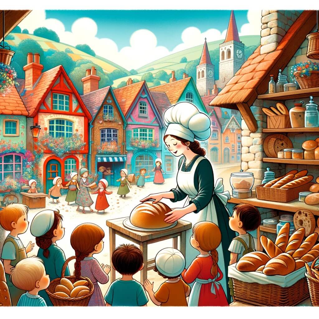 Une illustration destinée aux enfants représentant une femme passionnée de boulangerie, entourée d'enfants curieux, dans une charmante petite boulangerie située au cœur d'un village coloré rempli d'odeurs délicieuses de pain frais.
