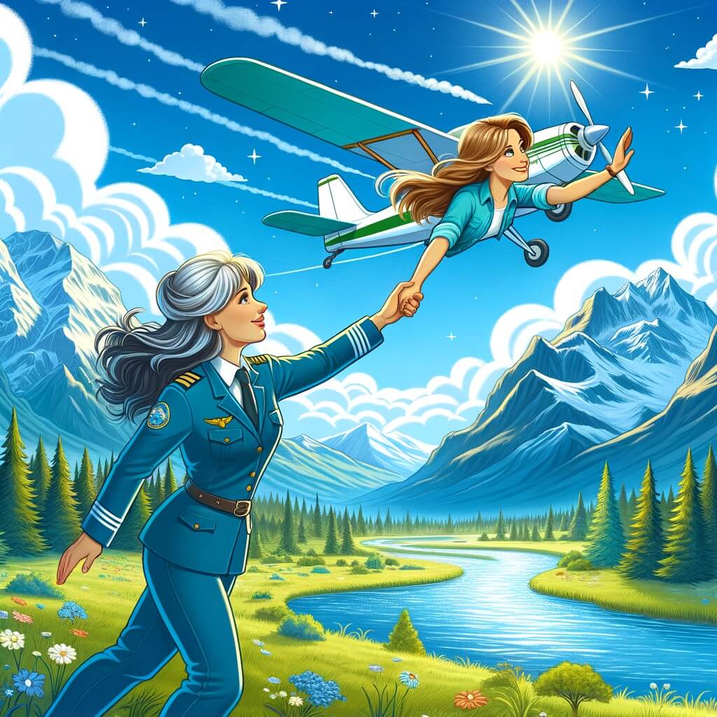 Une illustration destinée aux enfants représentant une jeune femme passionnée par les avions, vivant son rêve de voler avec une pilote expérimentée, dans un ciel bleu parsemé de nuages blancs, au-dessus d'un paysage verdoyant avec des montagnes majestueuses et une rivière scintillante en contrebas.
