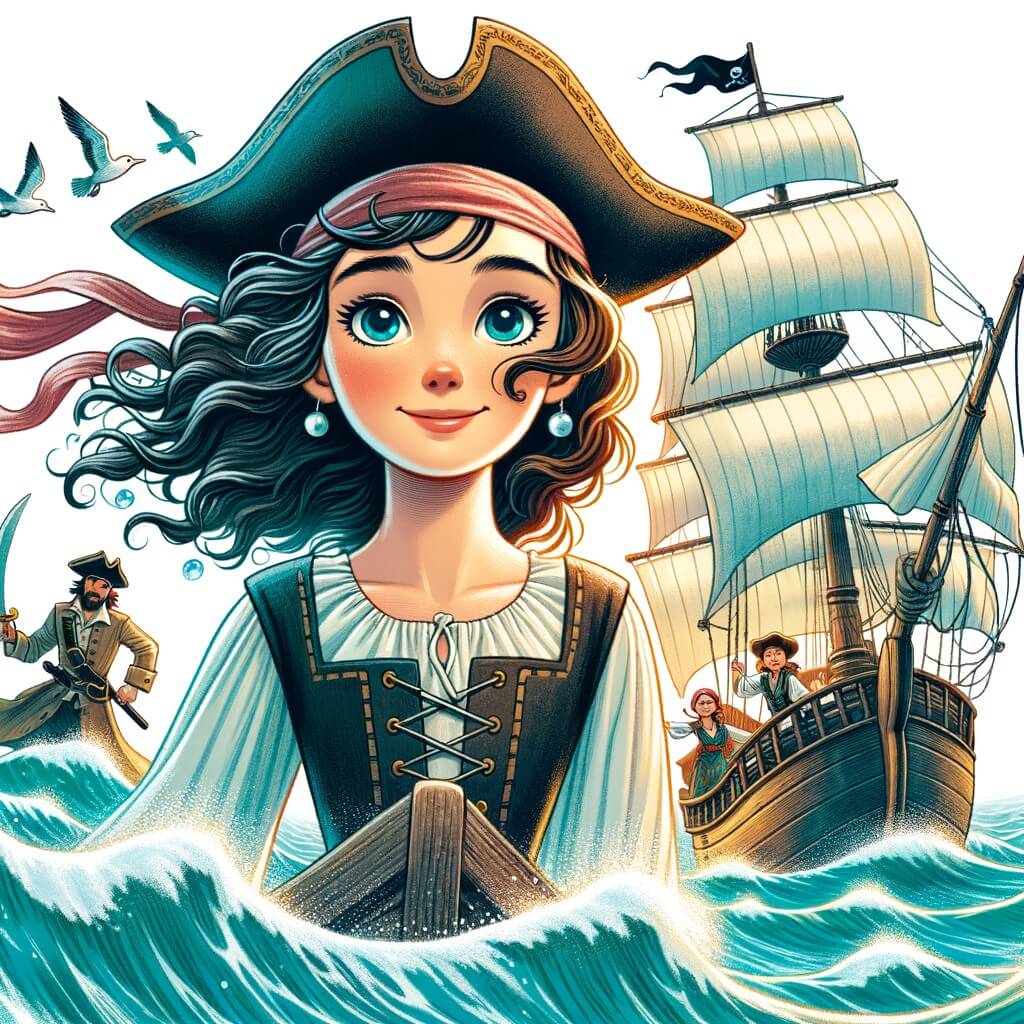 Une illustration destinée aux enfants représentant une jeune pirate intrépide, cheveux au vent et l'œil pétillant d'aventure, naviguant sur un fier navire à travers les eaux cristallines du Caribe, à la recherche d'un trésor caché, accompagnée de sa fidèle et courageuse équipage.