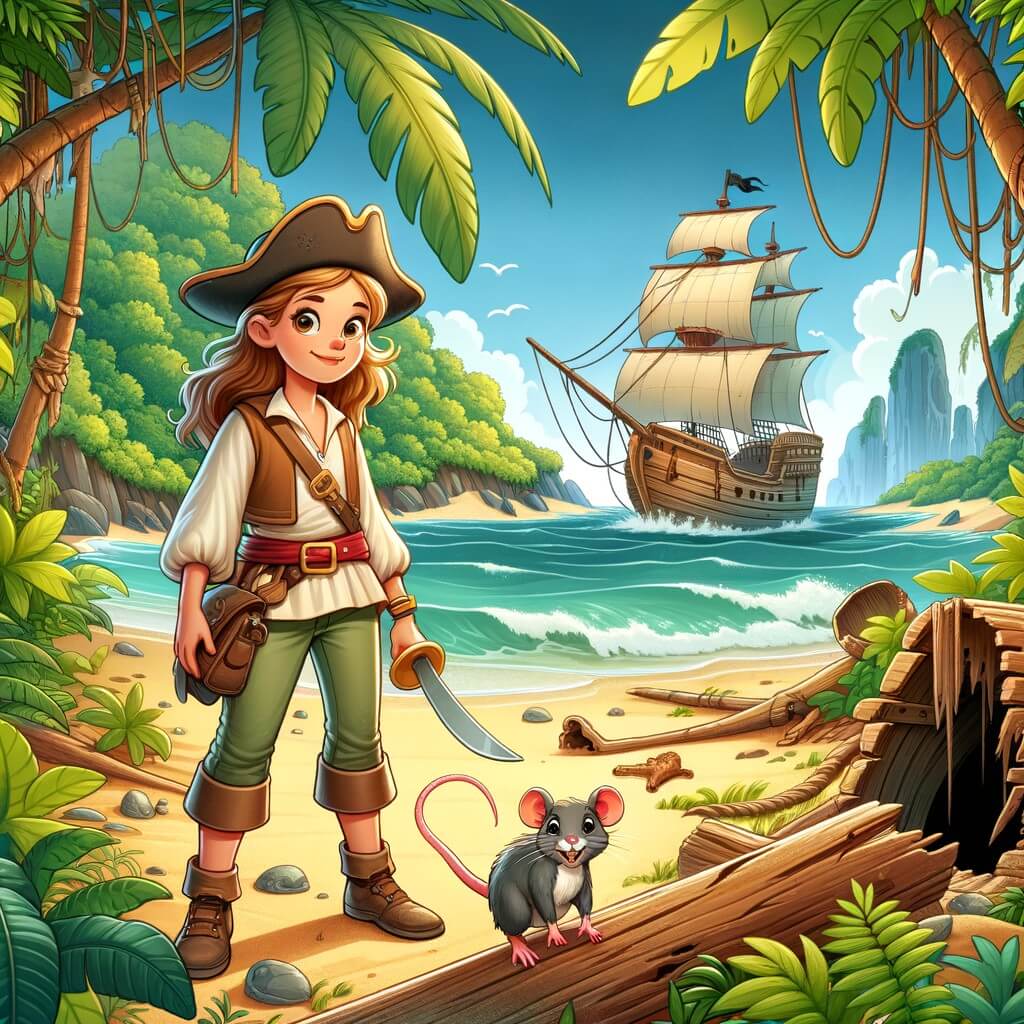 Une illustration destinée aux enfants représentant une femme pirate courageuse, échouée sur une île déserte après un naufrage, accompagnée d'un petit rat aventurier, dans une jungle luxuriante où une grotte mystérieuse se cache.