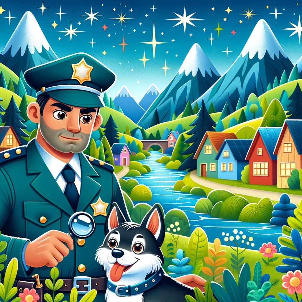 Une illustration destinée aux enfants représentant un homme courageux en uniforme de policier, résolvant des mystères avec l'aide de son fidèle chien, dans un village coloré et paisible entouré de montagnes verdoyantes et d'une rivière scintillante.