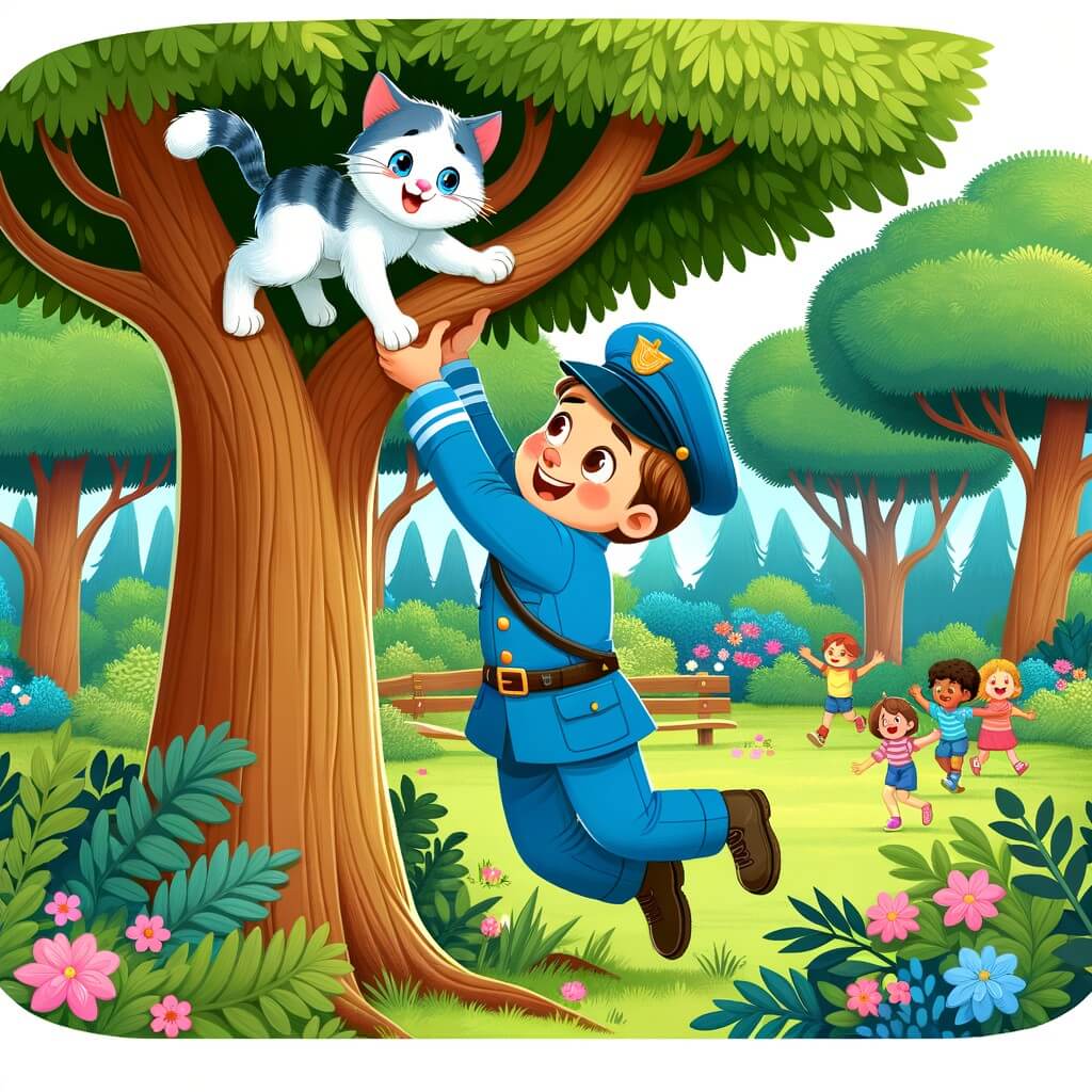 Une illustration destinée aux enfants représentant un homme en uniforme bleu, courageux et bienveillant, qui aide un petit chat coincé dans un grand arbre, entouré de rires joyeux d'enfants, dans un parc verdoyant avec des arbres majestueux et des fleurs colorées.