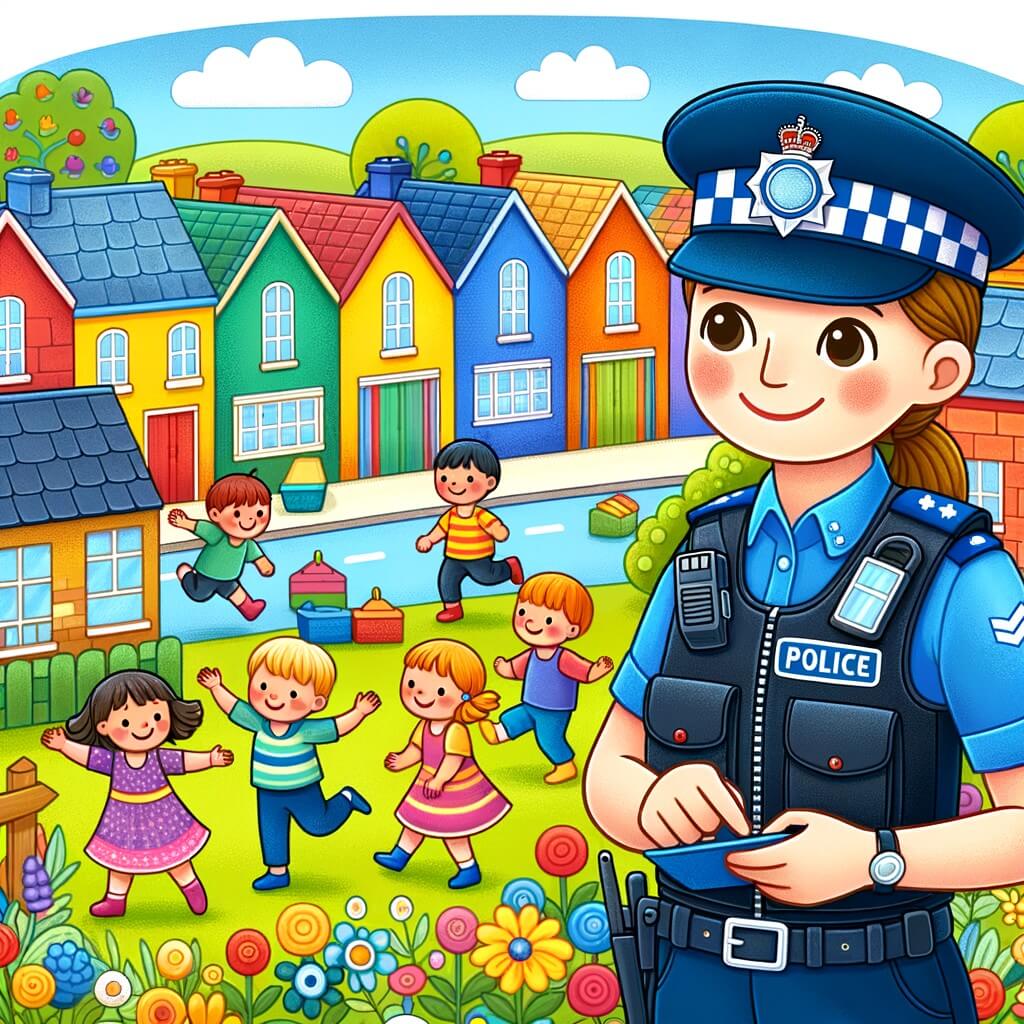 Une illustration destinée aux enfants représentant une femme policier souriante, patrouillant dans un village coloré et paisible, avec des enfants jouant autour d'elle, symbolisant la vie joyeuse d'une agente de police dans un petit village.