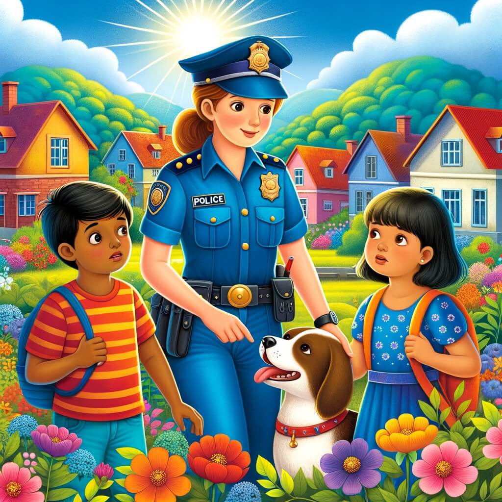 Une illustration destinée aux enfants représentant une femme policía courageuse, vêtue d'un uniforme bleu vif, aidant deux enfants inquiets à la recherche de leur chien perdu dans un village coloré, rempli de maisons aux toits rouges, de fleurs multicolores et d'un soleil brillant dans le ciel bleu.