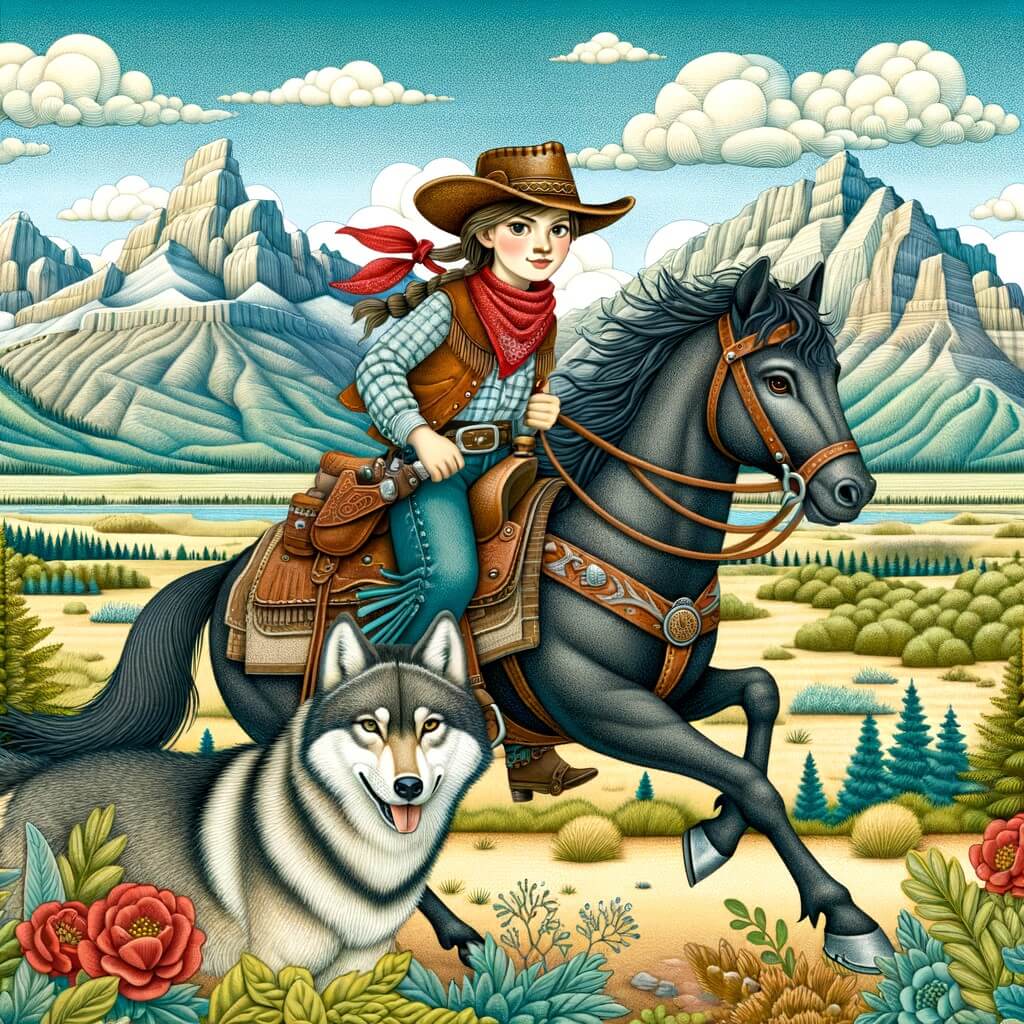 Une illustration destinée aux enfants représentant une cowgirl intrépide, vêtue d'un chapeau de cow-boy, d'un foulard rouge et d'une veste en cuir, chevauchant vaillamment à travers les vastes plaines du Wild West, accompagnée de son fidèle compagnon à quatre pattes, un loup aux yeux perçants, dans un paysage spectaculaire de montagnes majestueuses et de prairies infinies.