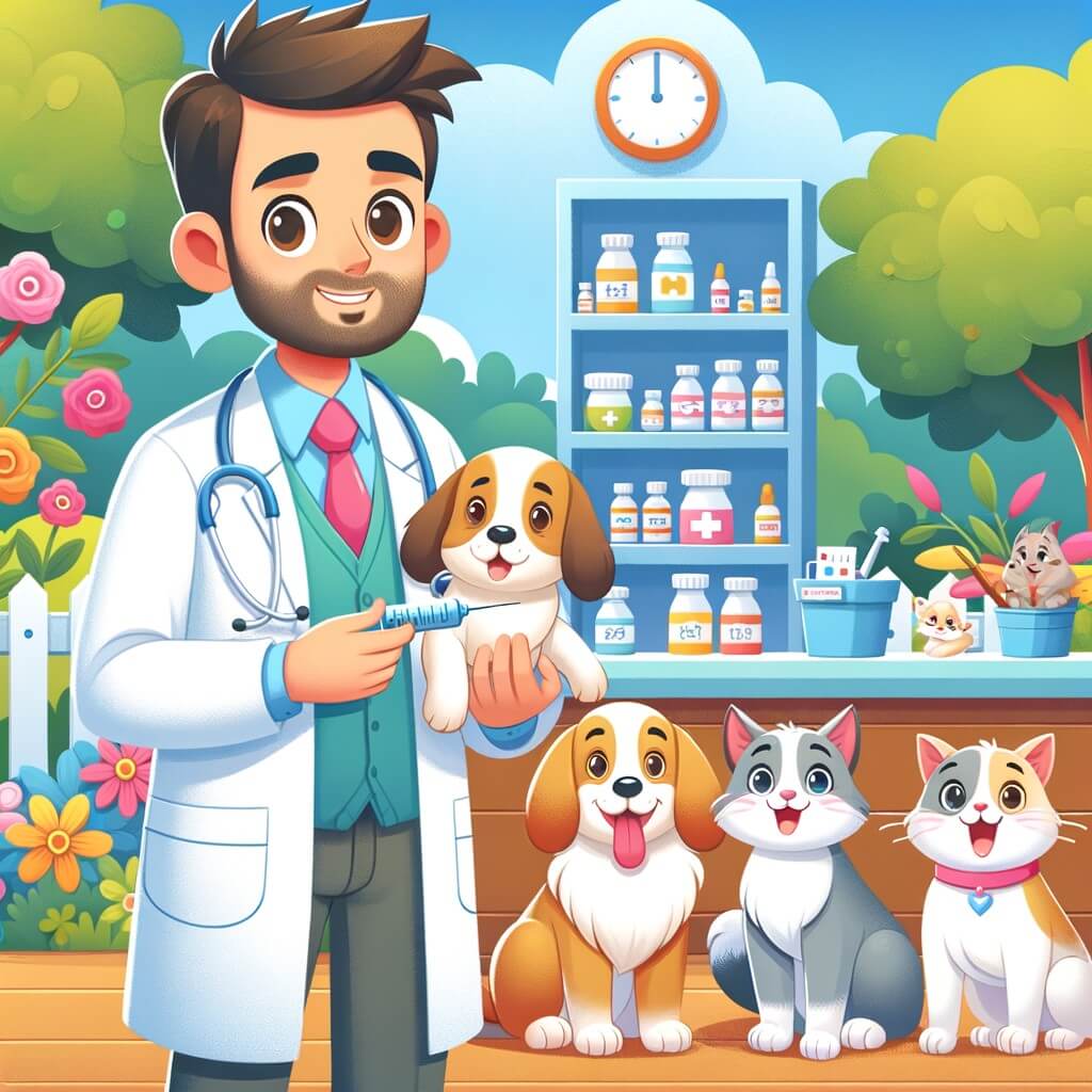 Une illustration destinée aux enfants représentant un homme passionné des animaux, dans une clinique vétérinaire animée où les animaux souriants attendent leur tour pour être soignés, entouré d'un adorable chien et d'un chat curieux, le tout dans un cadre coloré avec des fleurs et des arbres verdoyants.