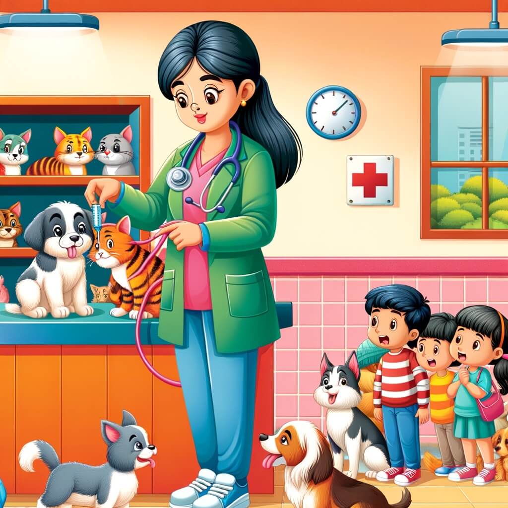 Une illustration destinée aux enfants représentant une jeune femme vétérinaire passionnée et dévouée, entourée de divers animaux, dans une clinique vétérinaire lumineuse et colorée, où elle aide les animaux malades et enseigne aux enfants l'importance de prendre soin de nos amis à fourrure.