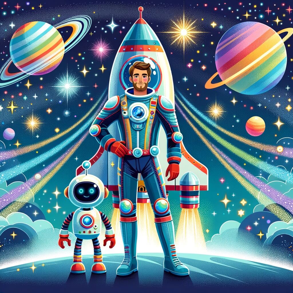 Une illustration destinée aux enfants représentant un homme courageux et curieux, vêtu d'une combinaison spatiale étincelante, se tenant sur une navette spatiale colorée, accompagné d'un petit robot à la personnalité joyeuse, tandis que des étoiles scintillantes et des planètes colorées se trouvent en arrière-plan, créant un spectacle magique dans l'immensité de l'espace.
