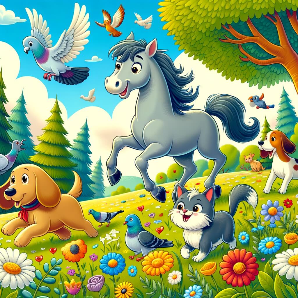 Une illustration destinée aux enfants représentant un caballo intrépido, accompagné d'un perro, d'une gata et d'une paloma, dans un prado coloré rempli d'arbres et de fleurs, vivant des aventures hilarantes.