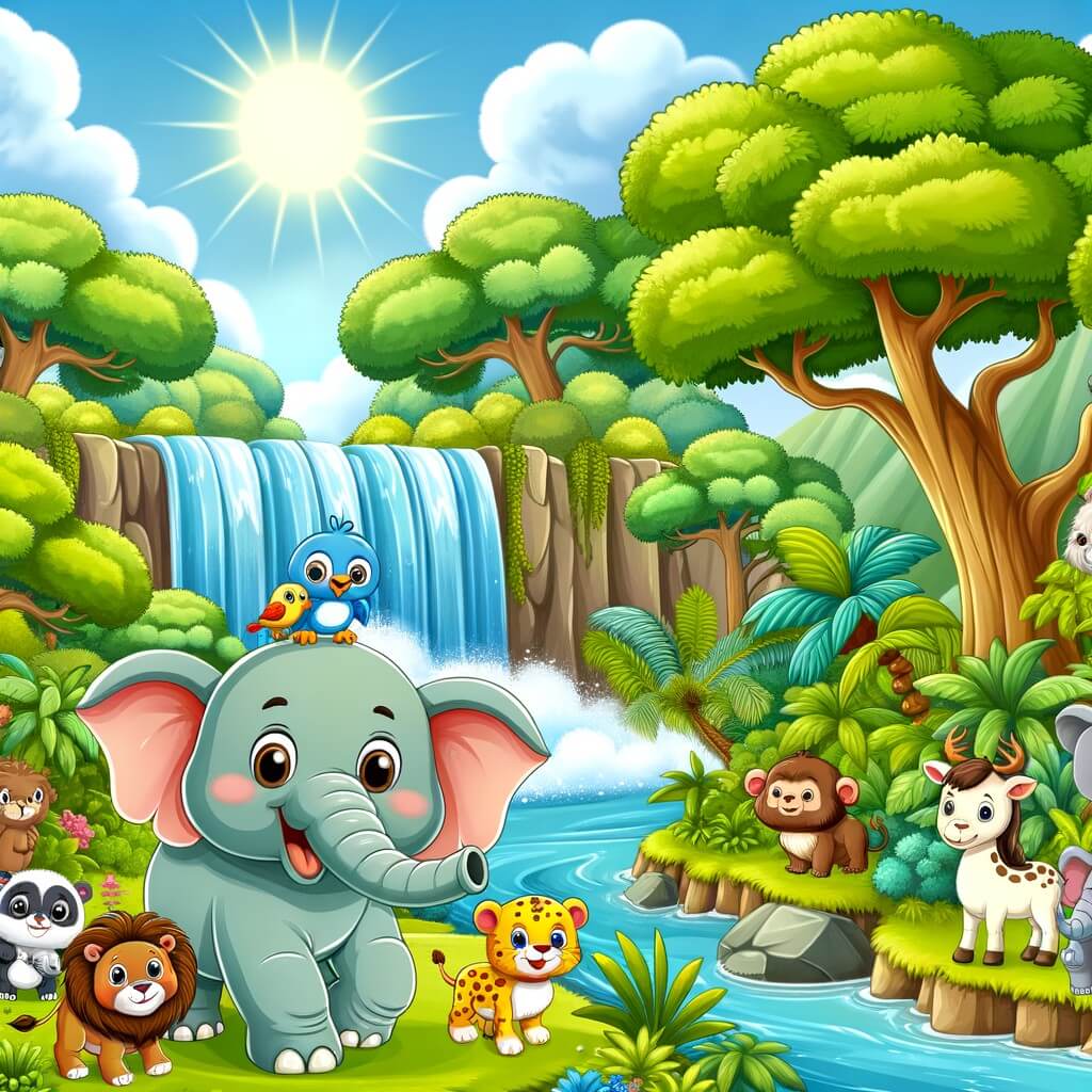 Une illustration destinée aux enfants représentant un éléphant curieux et aventurier, accompagné d'autres animaux amusants, explorant une jungle luxuriante remplie de cascades étincelantes et d'arbres majestueux.