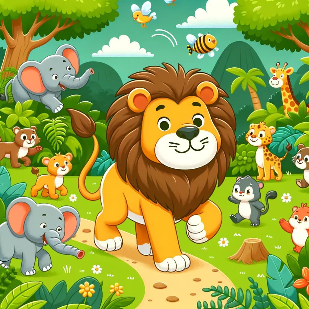 Une illustration destinée aux enfants représentant un lion majestueux et affamé, se promenant dans une jungle luxuriante où des animaux joyeux l'entourent.