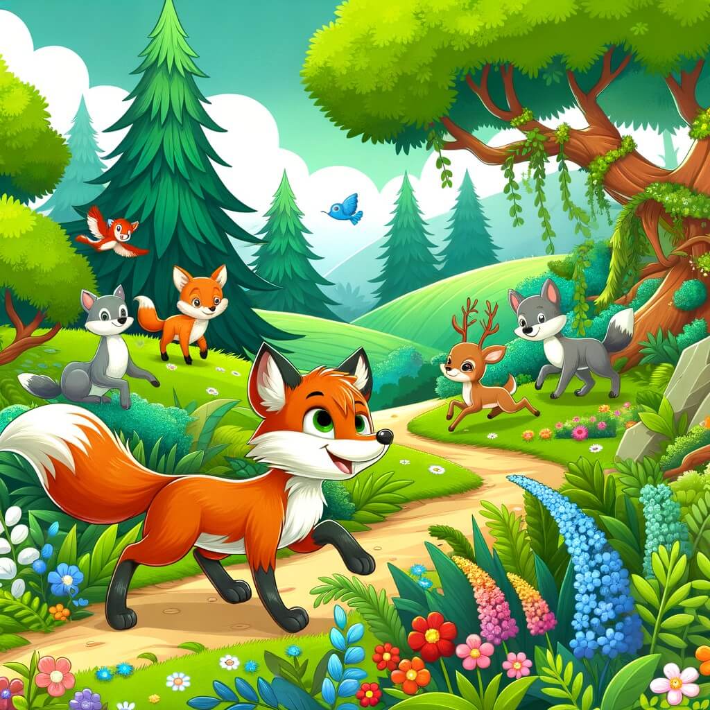 Une illustration destinée aux enfants représentant un adorable zorro, plein de malice, se lançant dans une aventure palpitante avec ses amis animaux, dans un magnifique bosquet verdoyant parsemé de fleurs colorées et d'arbres majestueux.
