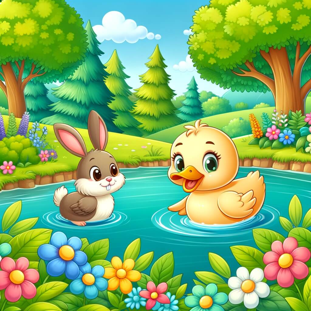 Une illustration destinée aux enfants représentant un adorable pato en train de nager joyeusement dans un magnifique lago entouré d'arbres verdoyants et de fleurs colorées, avec un lapin curieux comme personnage secondaire.