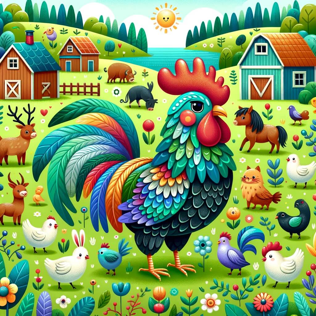Une illustration destinée aux enfants représentant un coq coquet, vêtu de plumes chatoyantes, se trouvant au milieu d'une ferme colorée, entouré de ses amis animaux, dans un petit village bucolique entouré de champs verdoyants et de collines douces.
