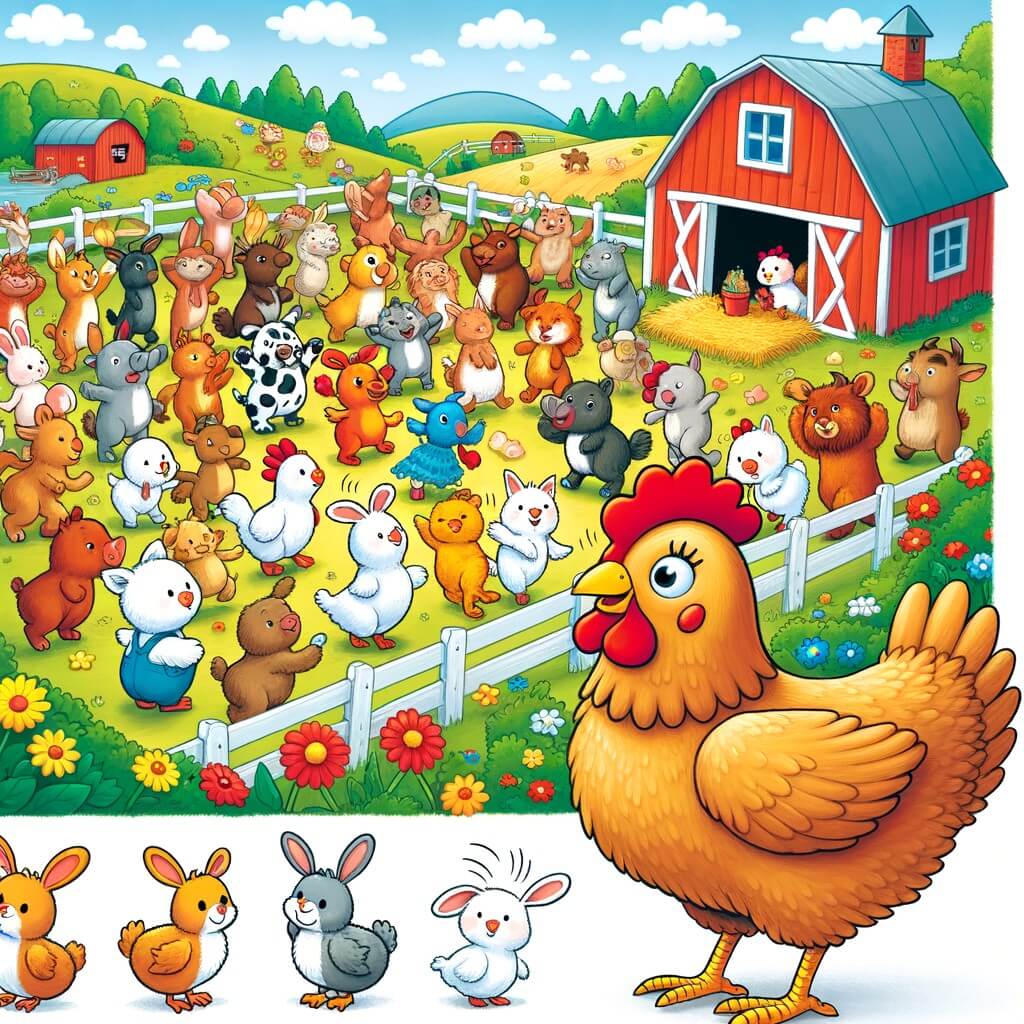 Une illustration destinée aux enfants représentant une gallina curieuse se trouvant dans une ferme colorée, entourée d'animaux joyeux, et découvrant une compétition de danse animale dans une ferme voisine.