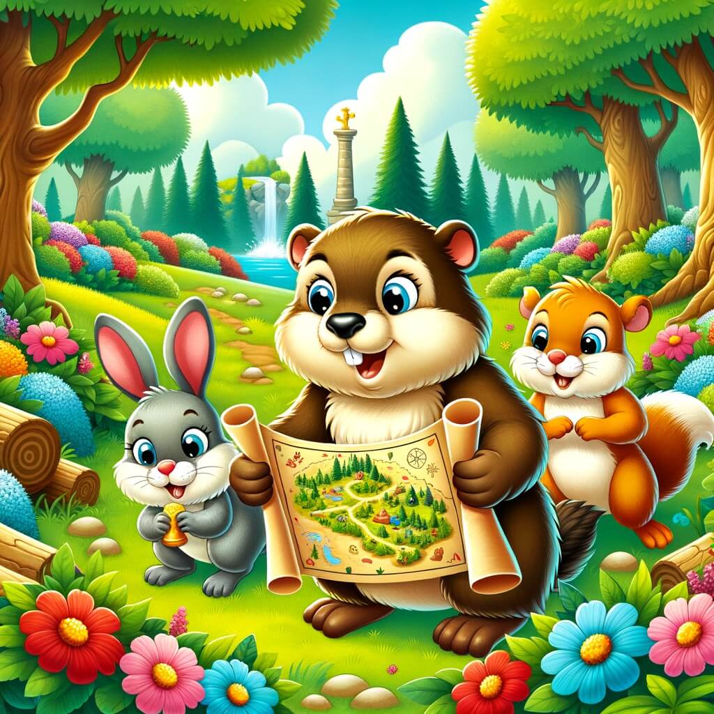 Une illustration destinée aux enfants représentant une marmota curieuse qui découvre une carte au trésor avec l'aide de ses amis, un joyeux lapin et une pétillante écureuil, dans un magnifique bosquet verdoyant rempli de fleurs colorées et d'arbres majestueux.