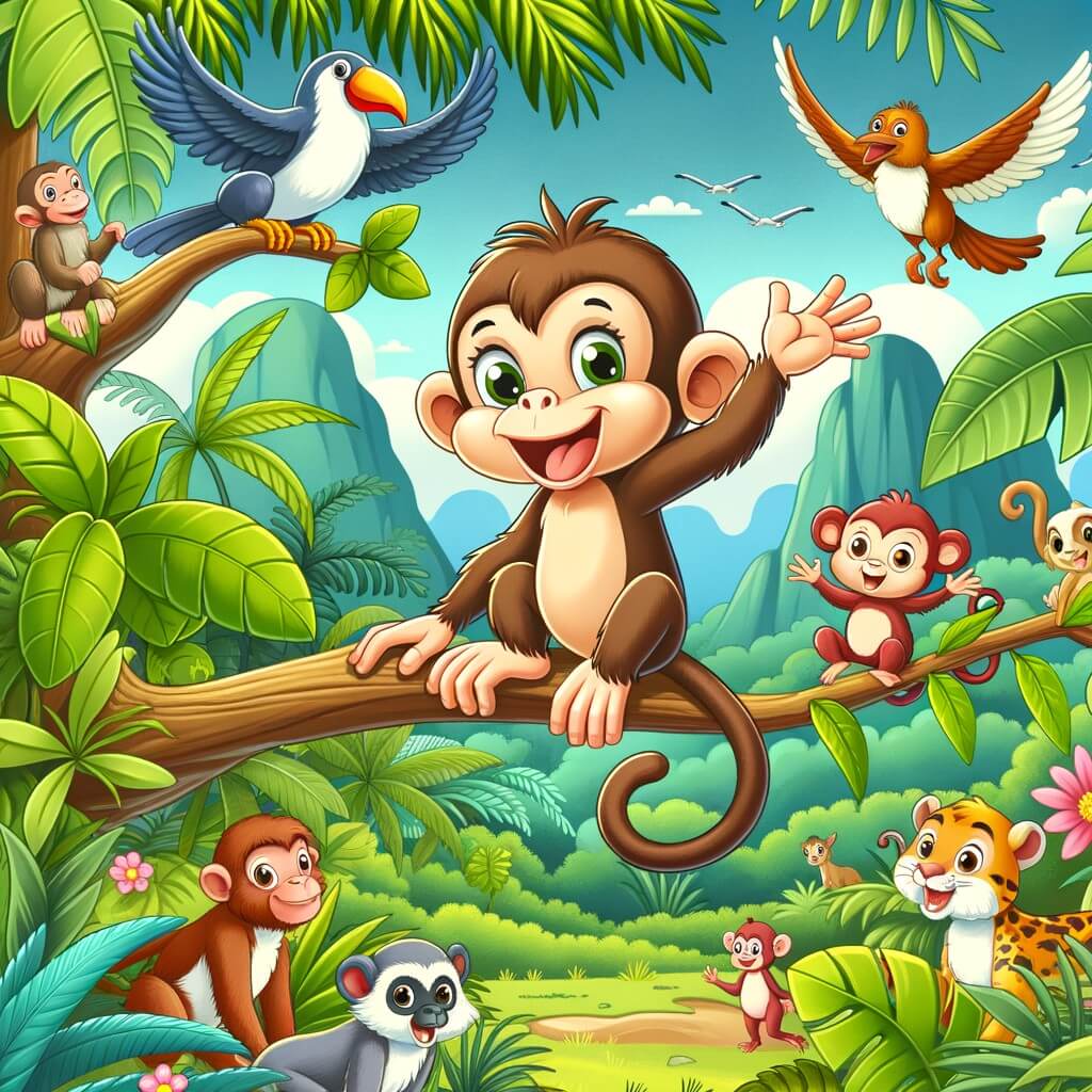 Une illustration destinée aux enfants représentant une guenon espiègle, perchée sur une branche, accompagnée de ses amis animaux, dans une jungle luxuriante et colorée, où ils vivent des aventures amusantes.