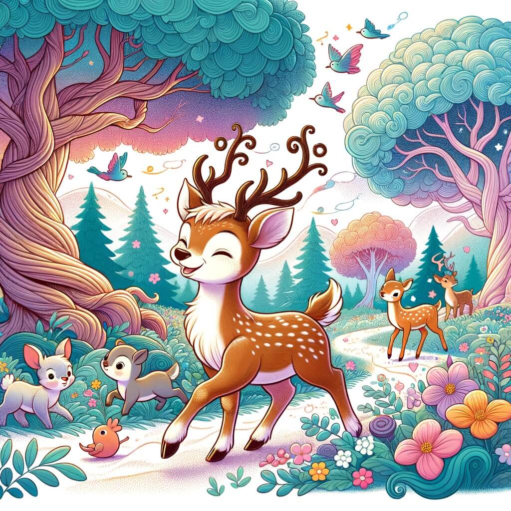 Une illustration destinée aux enfants représentant un adorable reno aux bois majestueux, se retrouvant dans une joyeuse aventure avec ses amis animaux, dans un magnifique bosquet enchanteur où les arbres dansent au rythme du vent et les fleurs éclatent de couleurs vives.