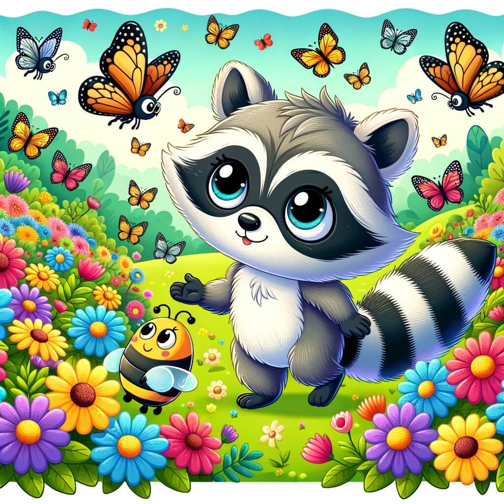Une illustration destinée aux enfants représentant un petit ratoncito curioso, accompagné d'une joyeuse abeille, explorant un magnifique jardin fleuri rempli de papillons multicolores.