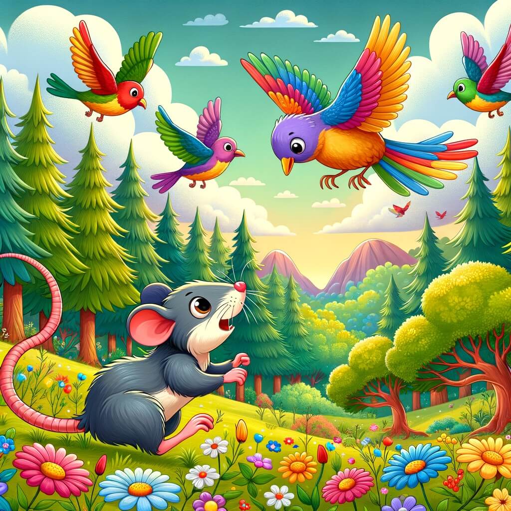 Une illustration destinée aux enfants représentant une adorable petite rata, pleine de malice, qui se retrouve dans une compétition de vol avec des oiseaux colorés dans un magnifique clairière forestière, entourée de fleurs multicolores et d'arbres majestueux.