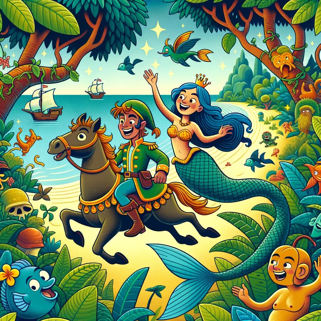 Une illustration destinée aux enfants représentant un prince joyeux et espiègle, embarqué dans une aventure exotique avec une sirène aux cheveux bleus, à la recherche d'un trésor caché dans une île tropicale luxuriante, remplie d'arbres aux feuilles riantes et de créatures magiques.