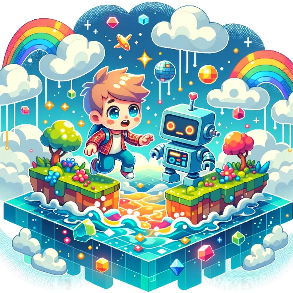 Une illustration destinée aux enfants représentant un petit garçon curieux et avide d'aventures, plongé dans un océan de pixels colorés, avec pour compagnon un adorable robot, explorant un monde virtuel animé et futuriste sur une île flottante entourée de nuages moelleux.