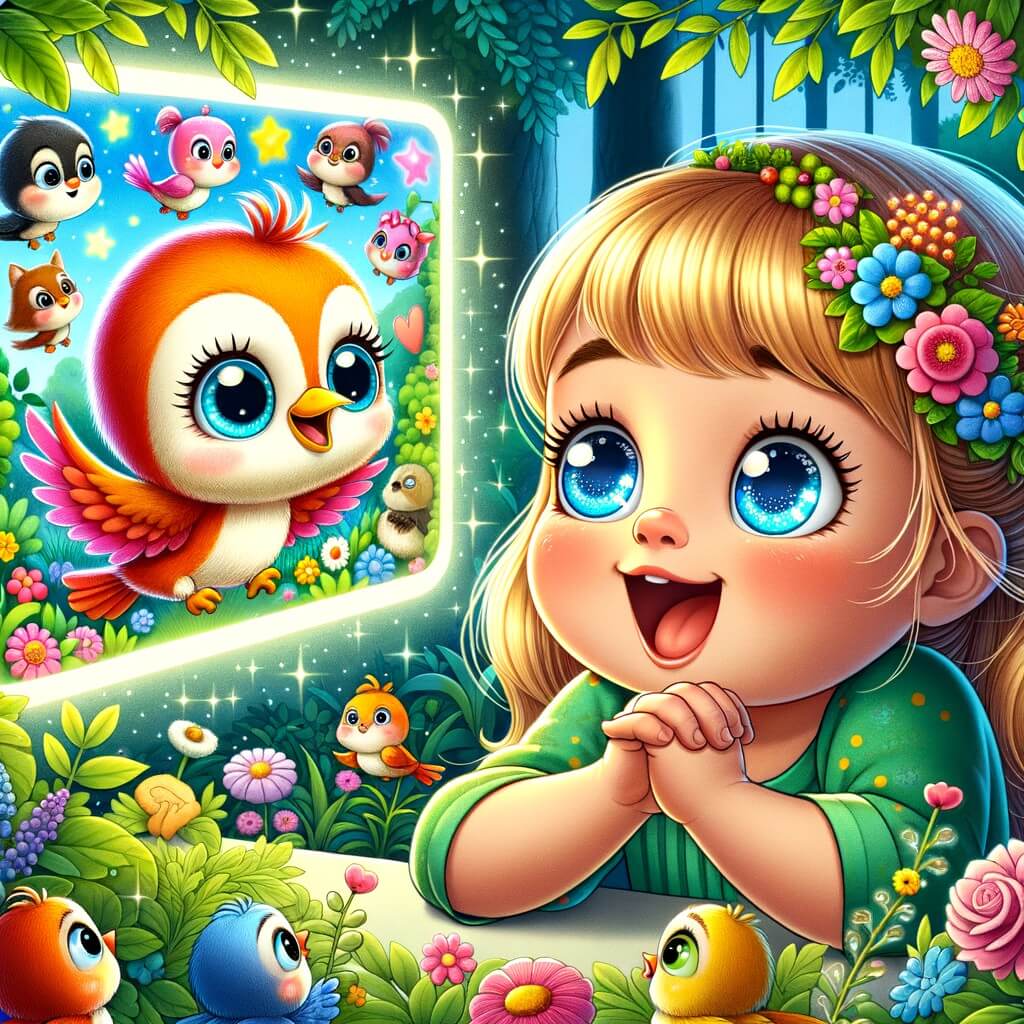 Une illustration destinée aux enfants représentant une niña pequeña, les yeux brillants d'excitation, captivée par un écran lumineux rempli de personnages colorés, tandis qu'un adorable oiseau curieux l'observe depuis une branche fleurie dans un paisible jardin verdoyant.