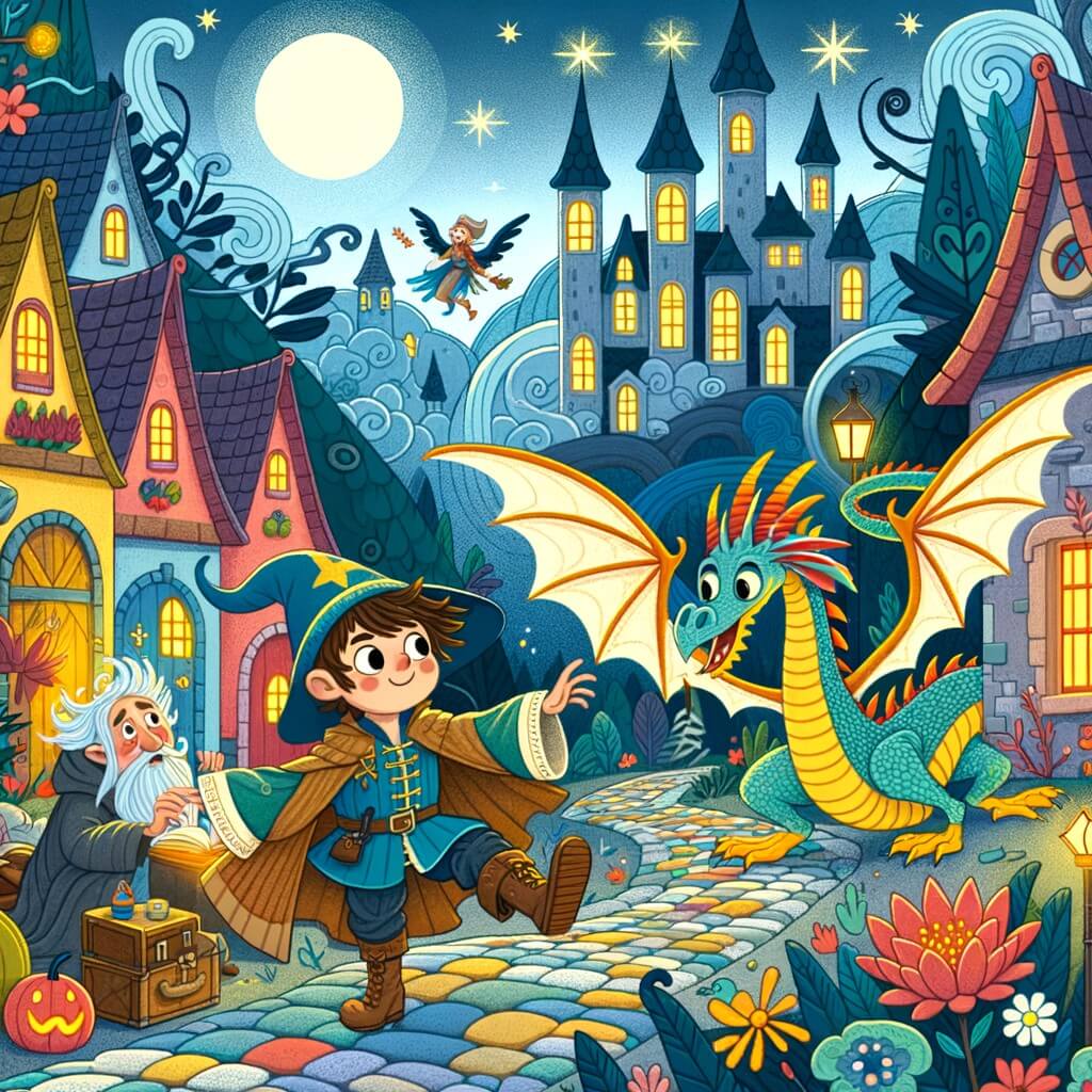 Une illustration destinée aux enfants représentant un jeune et maladroit apprenti sorcier, se retrouvant dans une quête périlleuse avec l'aide d'un farfelu dragon ailé, dans un village magique aux ruelles étroites et aux maisons colorées, où les arbres brillent de mille feux et les fleurs dansent au rythme des sortilèges.