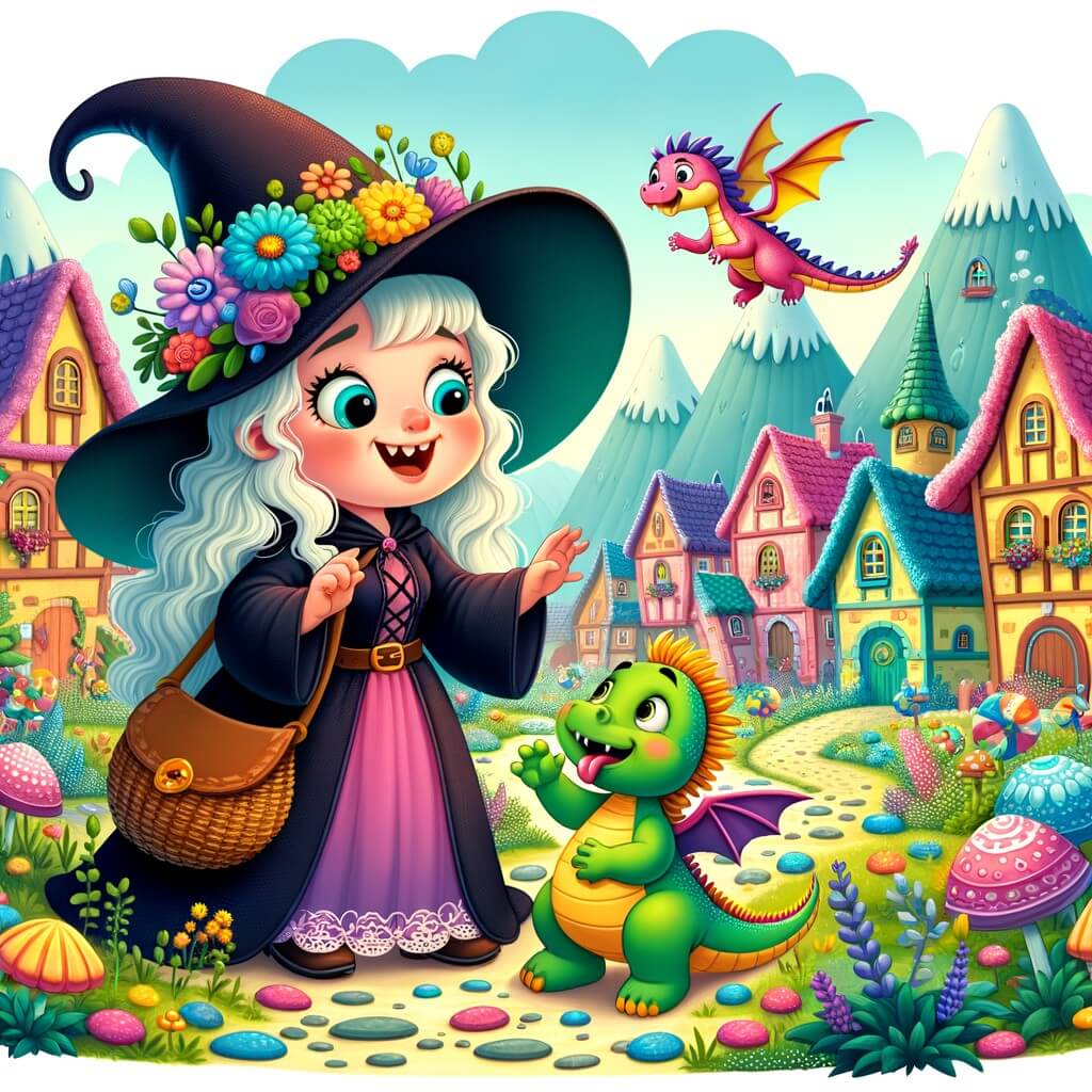 Une illustration destinée aux enfants représentant un(e) brujo plein(e) de fantaisie et de malice, se retrouvant dans une situation où il/elle aide un petit dragon perdu avec l'aide de son ami farceur, un duende, dans un magnifique village enchanté rempli de maisons colorées, de fleurs qui dansent et de montagnes de bonbons.