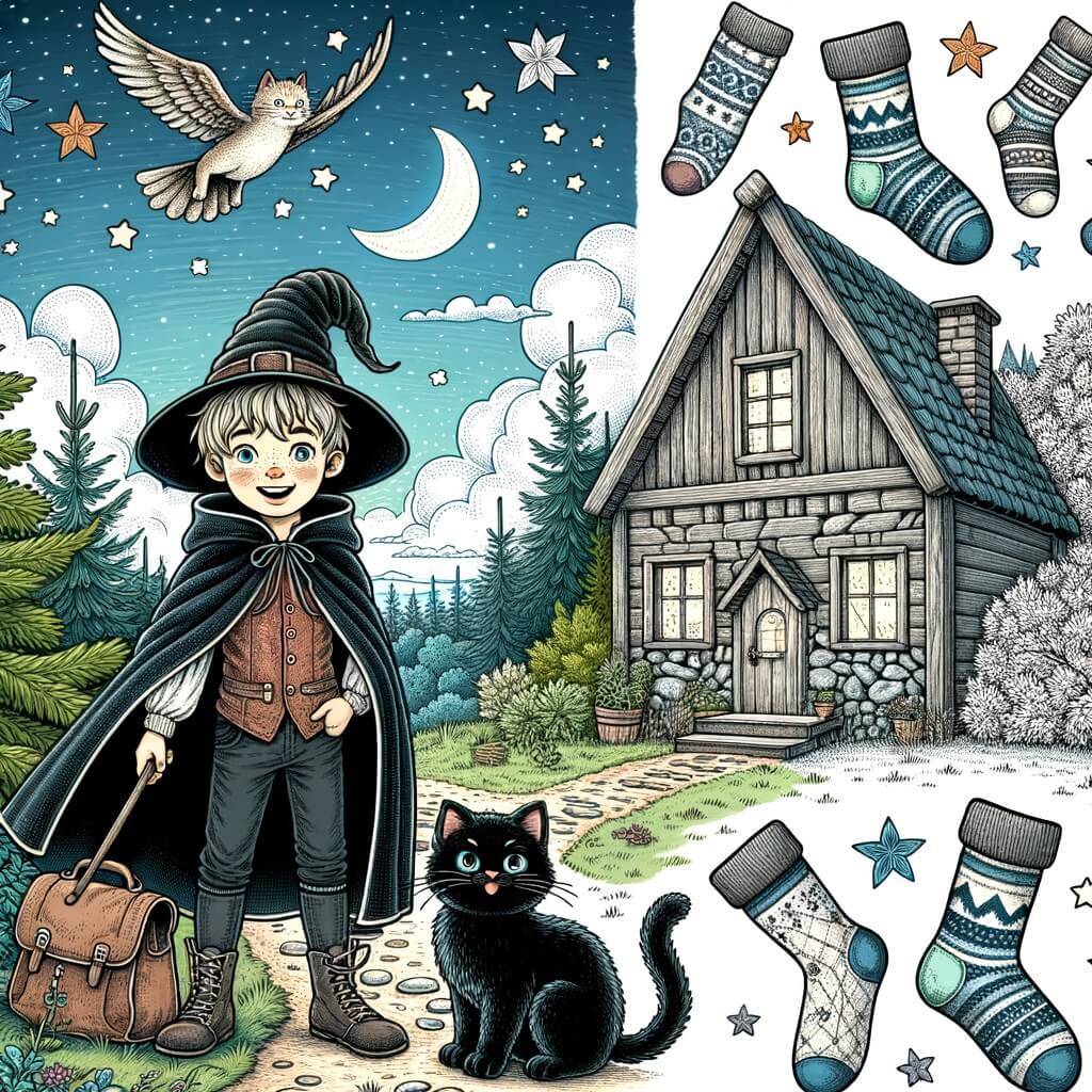 Une illustration destinée aux enfants représentant un apprenti sorcier, accompagné d'un joyeux chat noir, se déroulant dans une petite maison en bois nichée au bord d'une forêt enchantée, où les chaussettes volantes jouent et dansent dans le ciel étoilé.