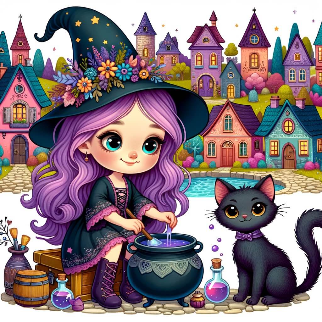 Une illustration destinée aux enfants représentant une adorable sorcière aux cheveux violets, se trouvant dans un village magique rempli de maisons colorées, tandis qu'elle concocte une potion magique avec l'aide d'un chat noir espiègle.
