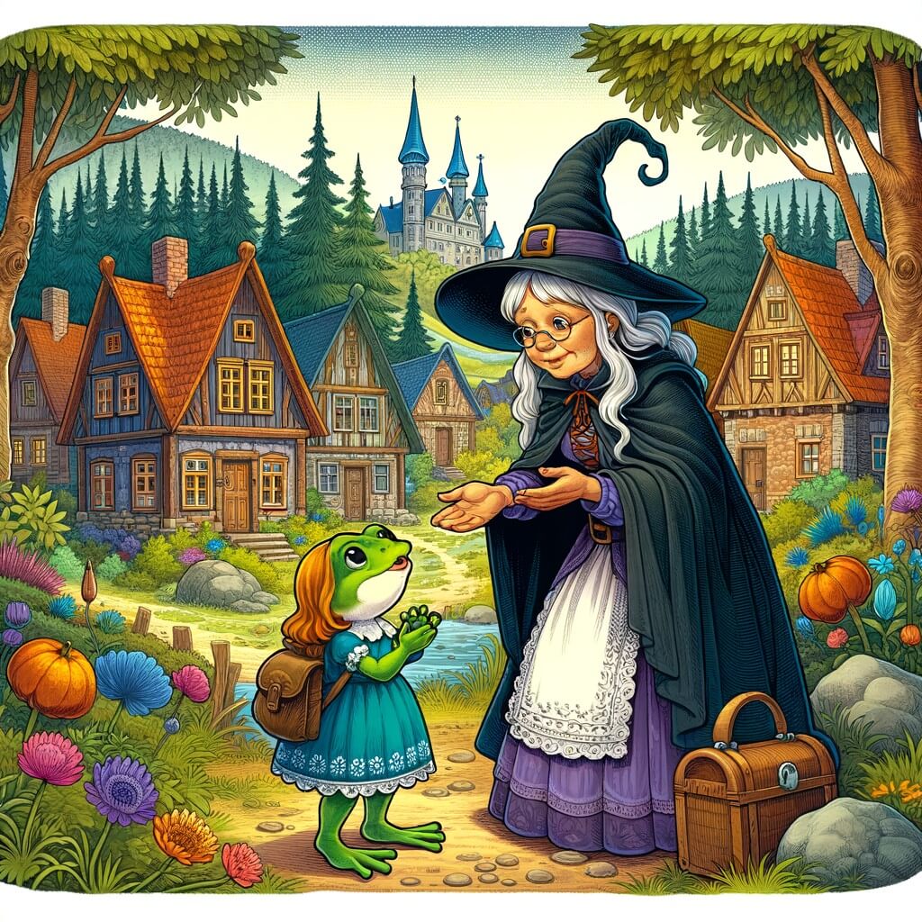 Une illustration destinée aux enfants représentant une apprentie sorcière, transformée en petite grenouille, qui cherche de l'aide auprès d'une gentille sorcière dans un village pittoresque niché au cœur d'une forêt enchantée, avec des maisons colorées et des arbres majestueux.
