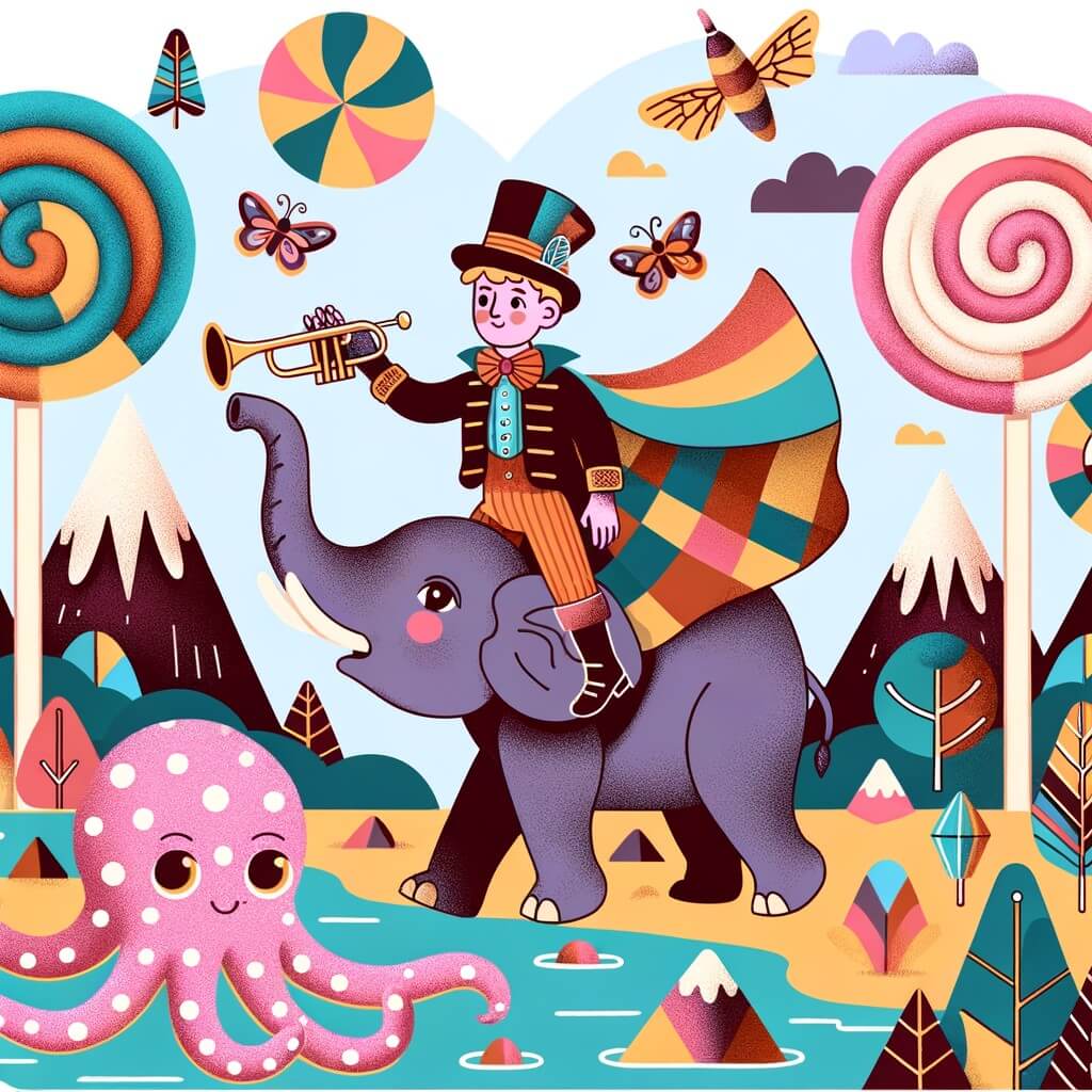 Une illustration destinée aux enfants représentant un jeune aventurier intrépide, vêtu d'un chapeau haut de forme et d'une cape multicolore, se tenant sur le dos d'un éléphant volant, tandis qu'une pieuvre à pois roses joue de la trompette, dans un paysage fantastique rempli de montagnes en forme de bonbons, de rivières de sirop d'érable et d'arbres aux branches en forme de sucettes géantes.