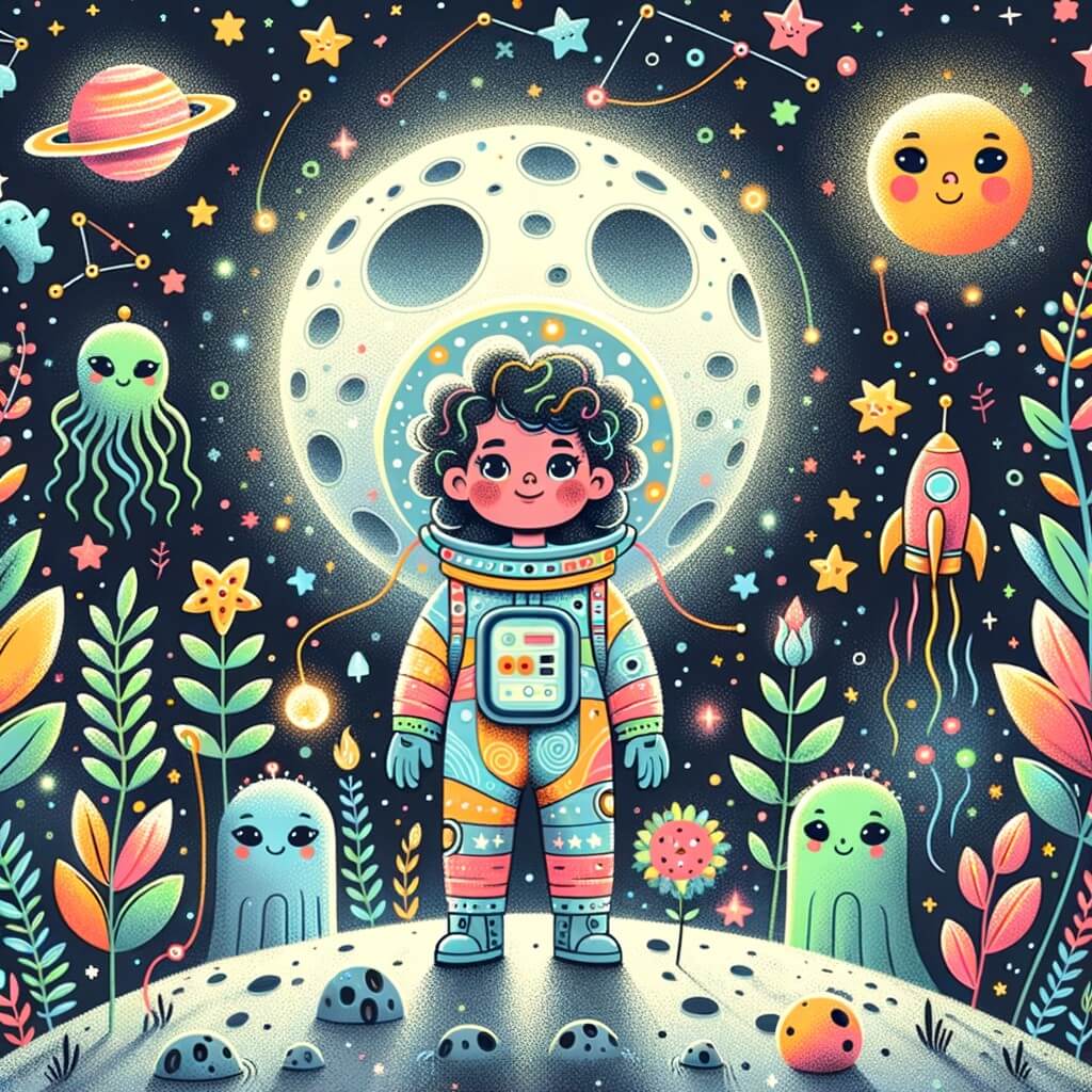 Une illustration destinée aux enfants représentant une niña pequeña aux cheveux bouclés, vêtue d'une combinaison spatiale colorée, qui se tient debout sur la lune, entourée de plantes lumineuses et d'alienígenas dansants, le tout sous un ciel étoilé parsemé de planètes et de constellations.