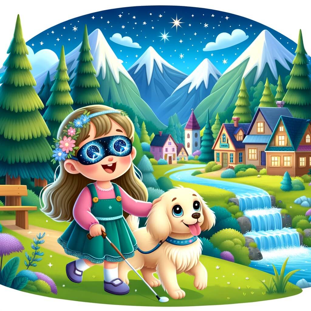 Une illustration destinée aux enfants représentant une niña pequeña aux yeux remplis d'étoiles, naviguant joyeusement à travers un monde de montagnes verdoyantes, accompagnée d'un adorable chien guide, dans un petit village pittoresque entouré de cascades chatoyantes et d'arbres majestueux.