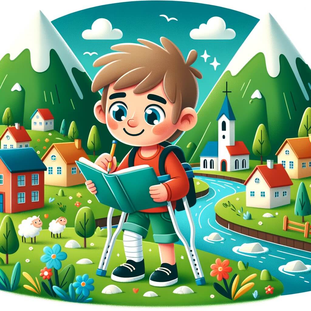 Une illustration destinée aux enfants représentant un petit garçon joyeux, avec des muletas, qui écrit un livre rempli d'aventures et de leçons de vie, accompagné de ses amis, dans un petit village coloré bordé de montagnes verdoyantes et d'une rivière scintillante.