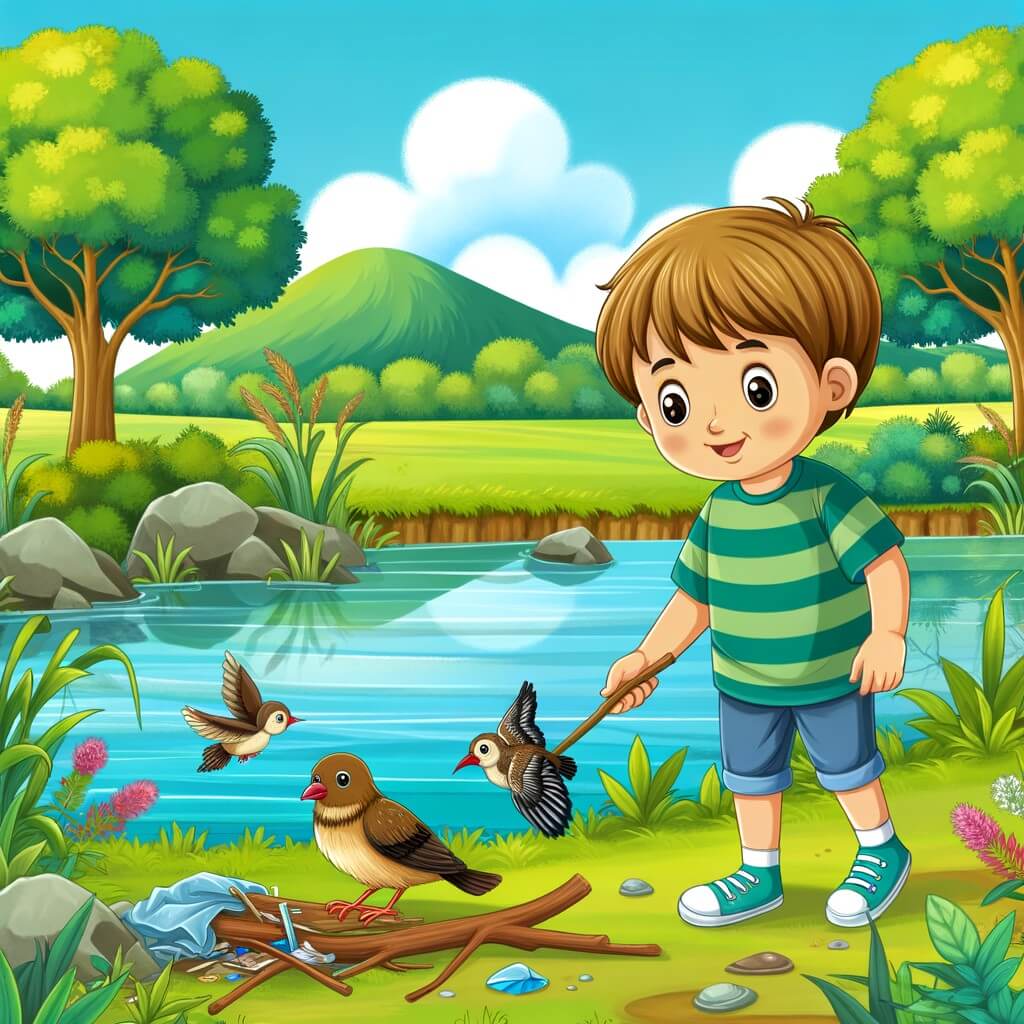 Une illustration destinée aux enfants représentant un petit garçon curieux et plein d'énergie, découvrant une grande quantité de déchets dans un magnifique parc entouré de champs verdoyants et d'un étang cristallin, avec un oiseau blessé comme compagnon de route.