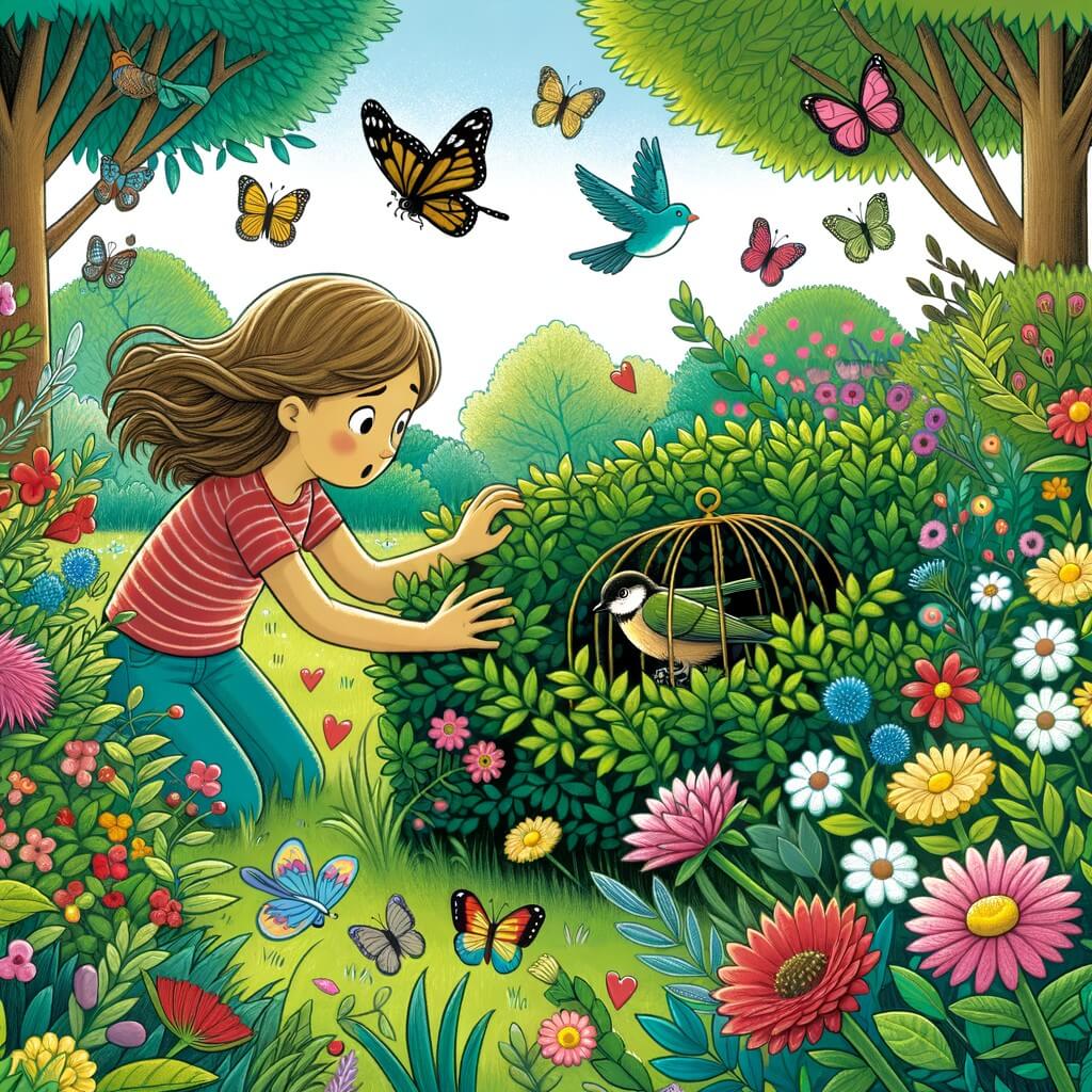 Une illustration destinée aux enfants représentant une niña pequeña, passionnée par la nature, découvrant un oiseau pris au piège dans un buisson, dans un parc verdoyant rempli de fleurs colorées et de papillons virevoltants.