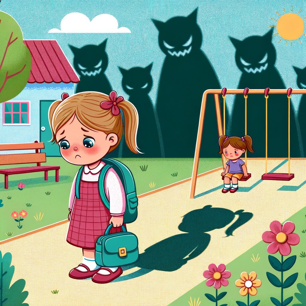 Une illustration destinée aux enfants représentant une petite fille solitaire, marchant tristement avec un cartable à la main, pendant que des ombres menaçantes d'autres enfants se profilent derrière elle, dans une cour d'école colorée avec des balançoires, des arbres et des fleurs.