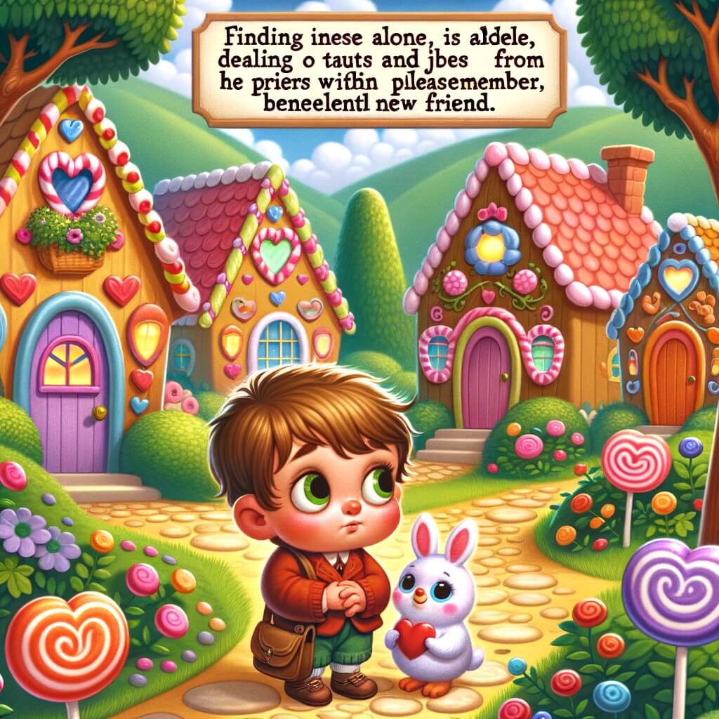 Une illustration destinée aux enfants représentant un petit garçon solitaire, confronté à des moqueries et des insultes de ses camarades, accompagné d'un nouvel ami bienveillant, dans un petit village coloré rempli de maisons en forme de bonbons et d'arbres aux branches en forme de cœurs.