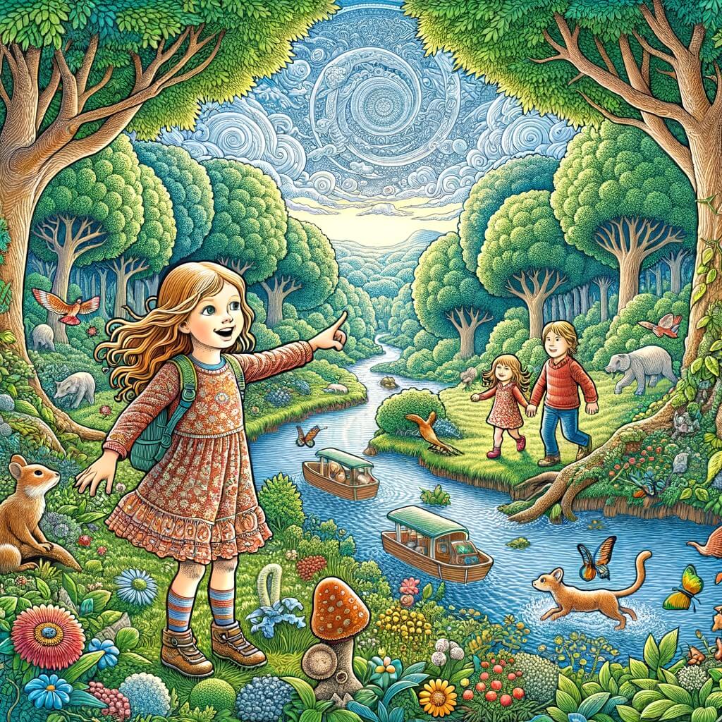 Une illustration destinée aux enfants représentant une niña pequeña, curieuse et pleine de vie, qui découvre un parc éco-responsable avec sa famille, entourée de magnifiques arbres verts, un ciel bleu sans nuages et un ruisseau clair qui serpente à travers un paysage luxuriant rempli de fleurs colorées et d'animaux joyeux.