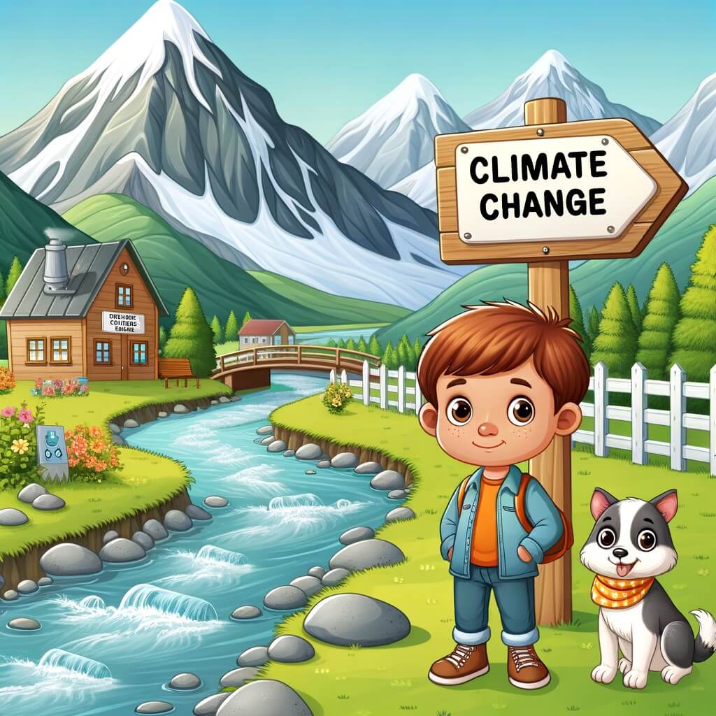 Une illustration destinée aux enfants représentant un petit garçon curieux, se tenant devant un panneau avec un message sur le changement climatique, accompagné d'un adorable animal de compagnie, dans un village pittoresque entouré de majestueuses montagnes et traversé par un ruisseau cristallin.